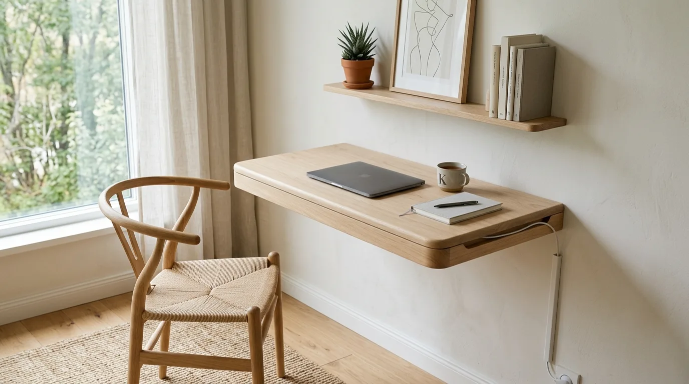 A built in style DIY laptop wall mount station with a shallow upper cabinet, no people
