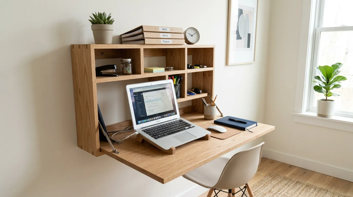 A soft white DIY laptop wall mount under a window in a tiny office, no people