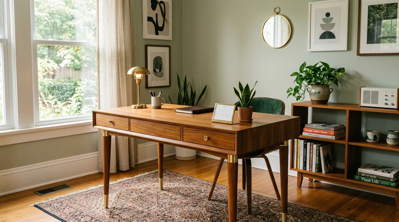 A sleek DIY mid century modern desk in walnut with tapered legs, no people