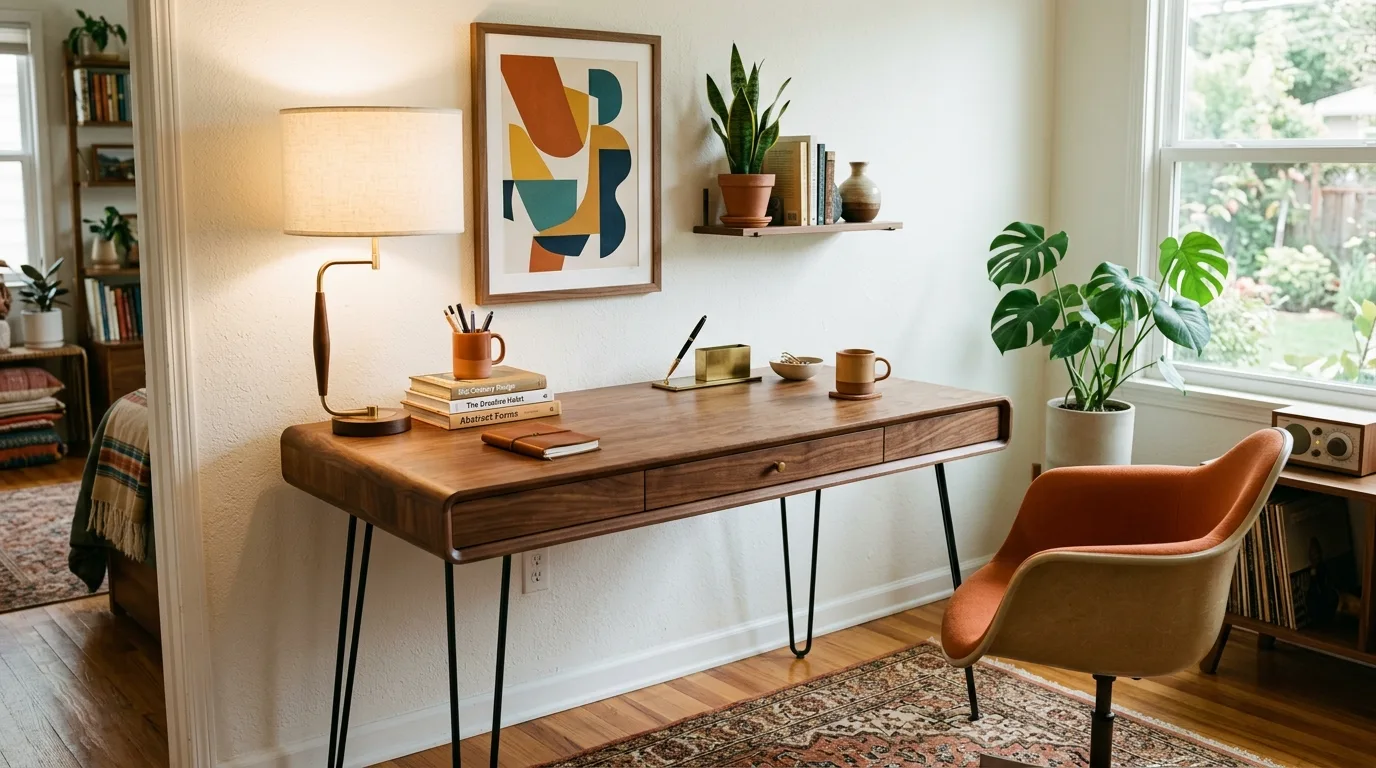 A retro DIY mid century modern writing desk with rounded corners and brass pulls, no people