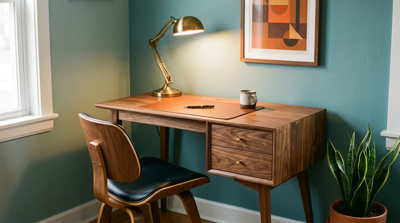 A DIY mid century modern desk with a floating top and sculptural side panels, no people