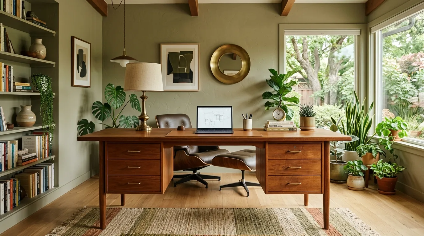 A compact DIY mid century modern desk with an open cubby in an apartment, no people