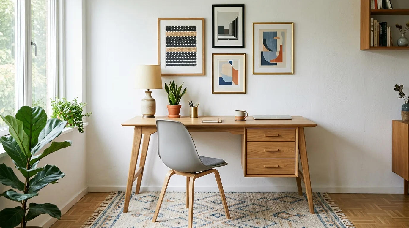 An oak and white DIY mid century modern desk with Scandinavian influence, no people