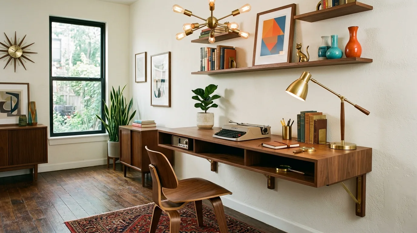 A broad DIY mid century modern desk with recessed drawers, no people