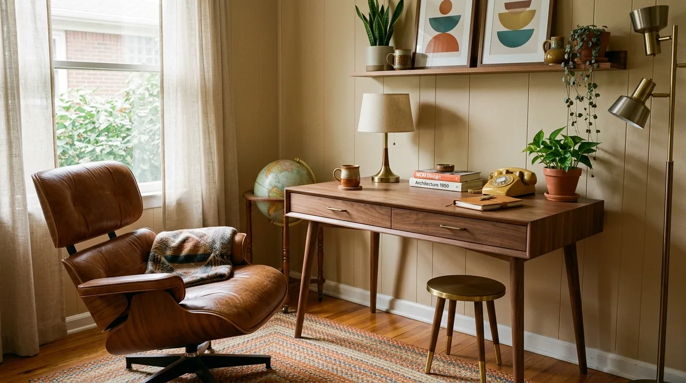 A corner DIY mid century modern desk with angled legs and warm wood paneling, no people