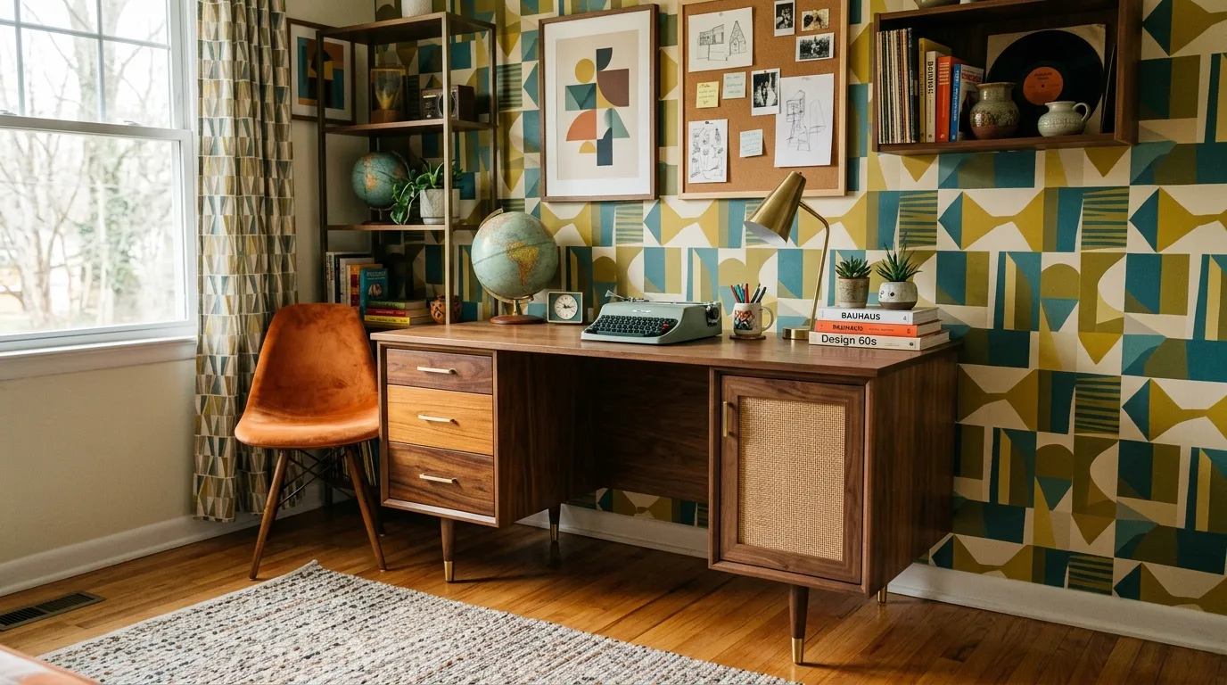 A minimal DIY mid century modern laptop desk with a hidden drawer, no people
