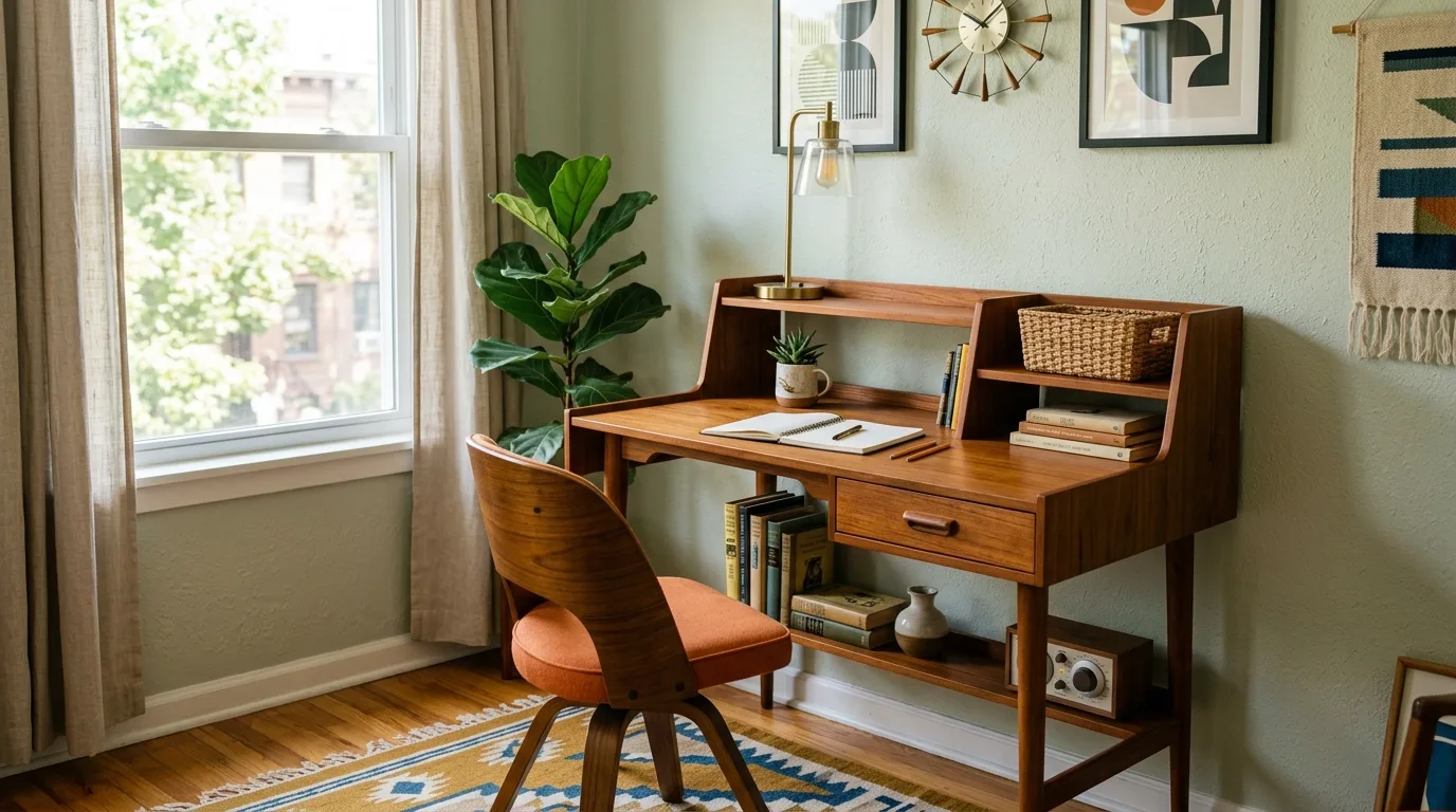 A DIY mid century modern desk paired with open display shelves, no people