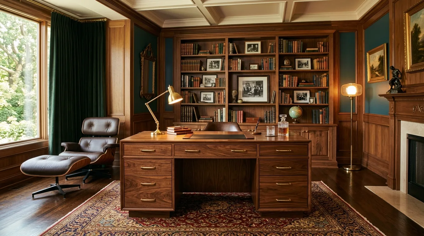A dark wood DIY mid century modern desk with cane drawer fronts, no people