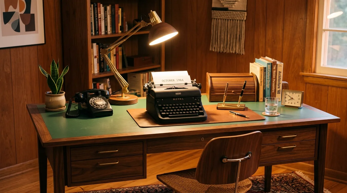 A long shared DIY mid century modern desk with repeated tapered legs, no people