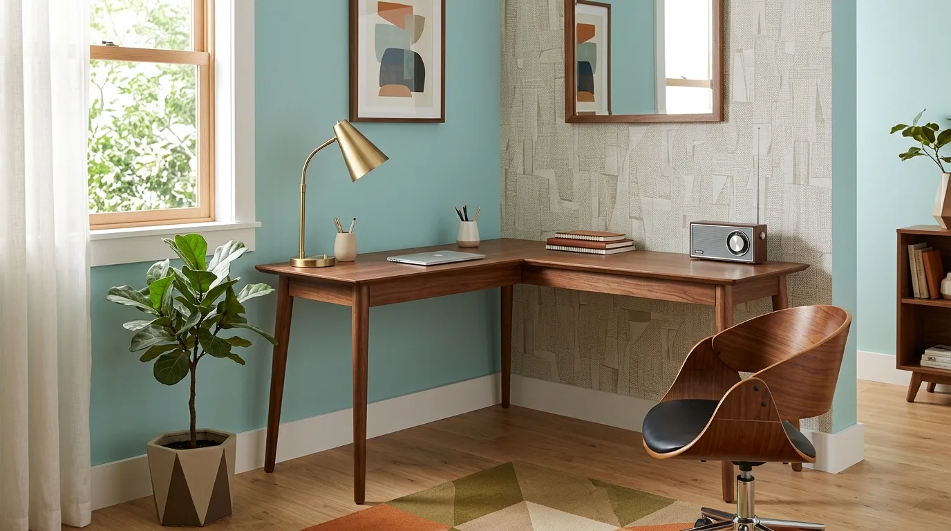 A DIY mid century modern vanity desk with a slim mirror shelf, no people