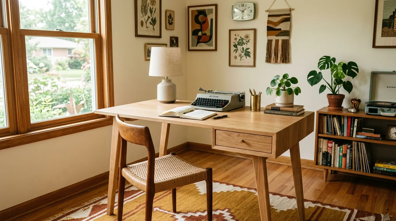 A rich teak style DIY mid century modern desk with a leather writing pad inset, no people