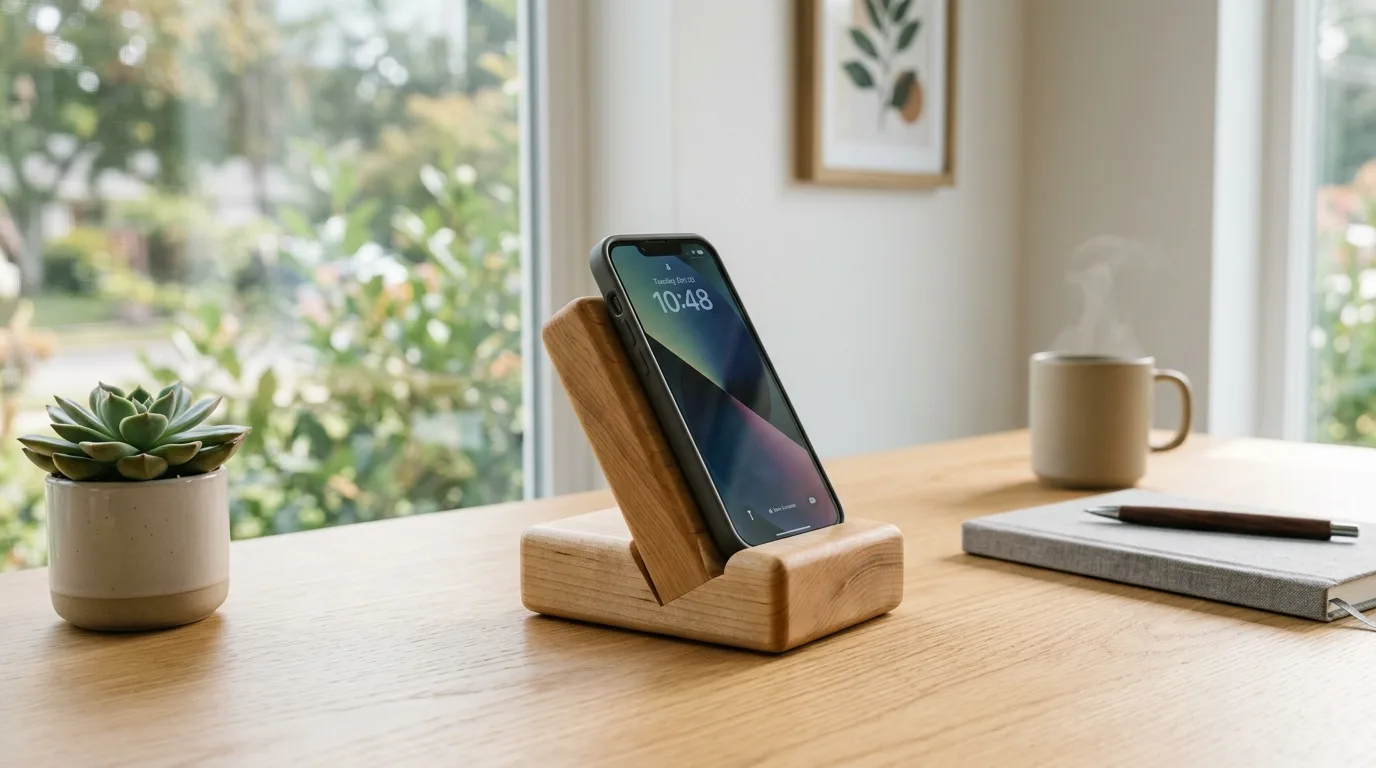 A simple DIY wooden phone stand with a clean viewing groove, no people