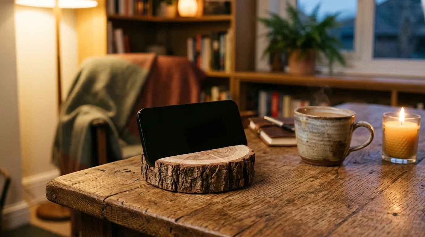 A fold flat DIY phone stand made from thin plywood for travel, no people