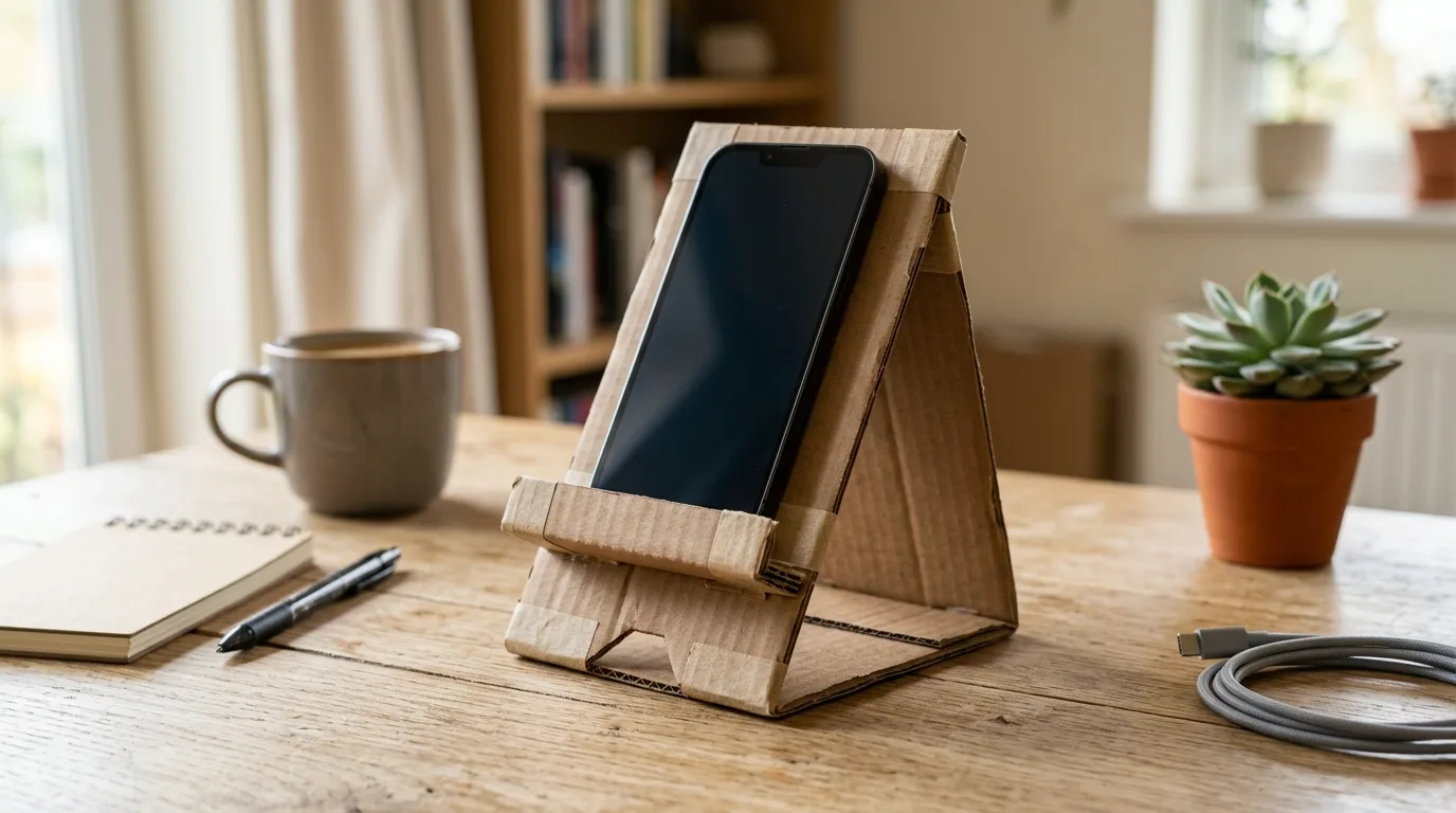 A minimal DIY acrylic phone stand in a clean desk setup, no people