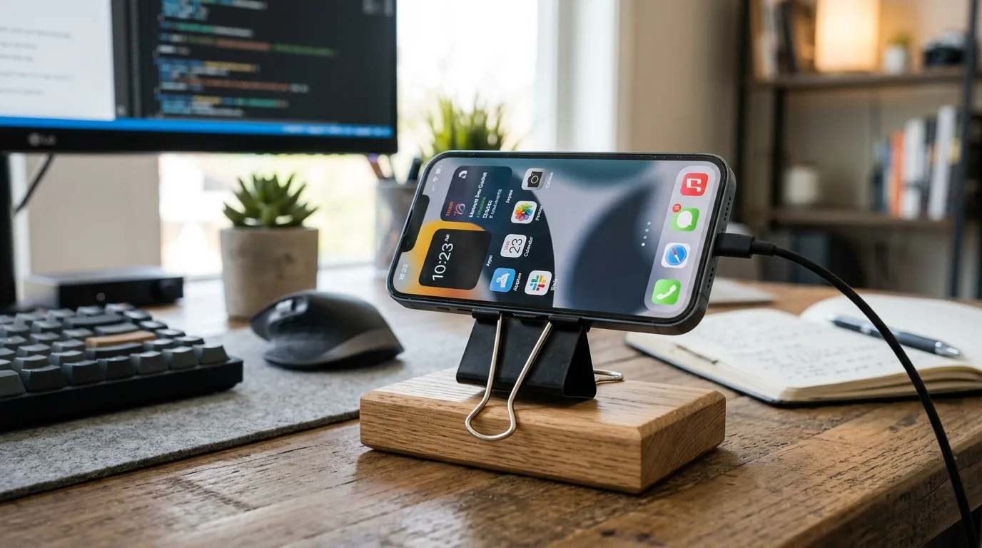 A rounded bamboo DIY phone stand with a shallow tray for earbuds, no people