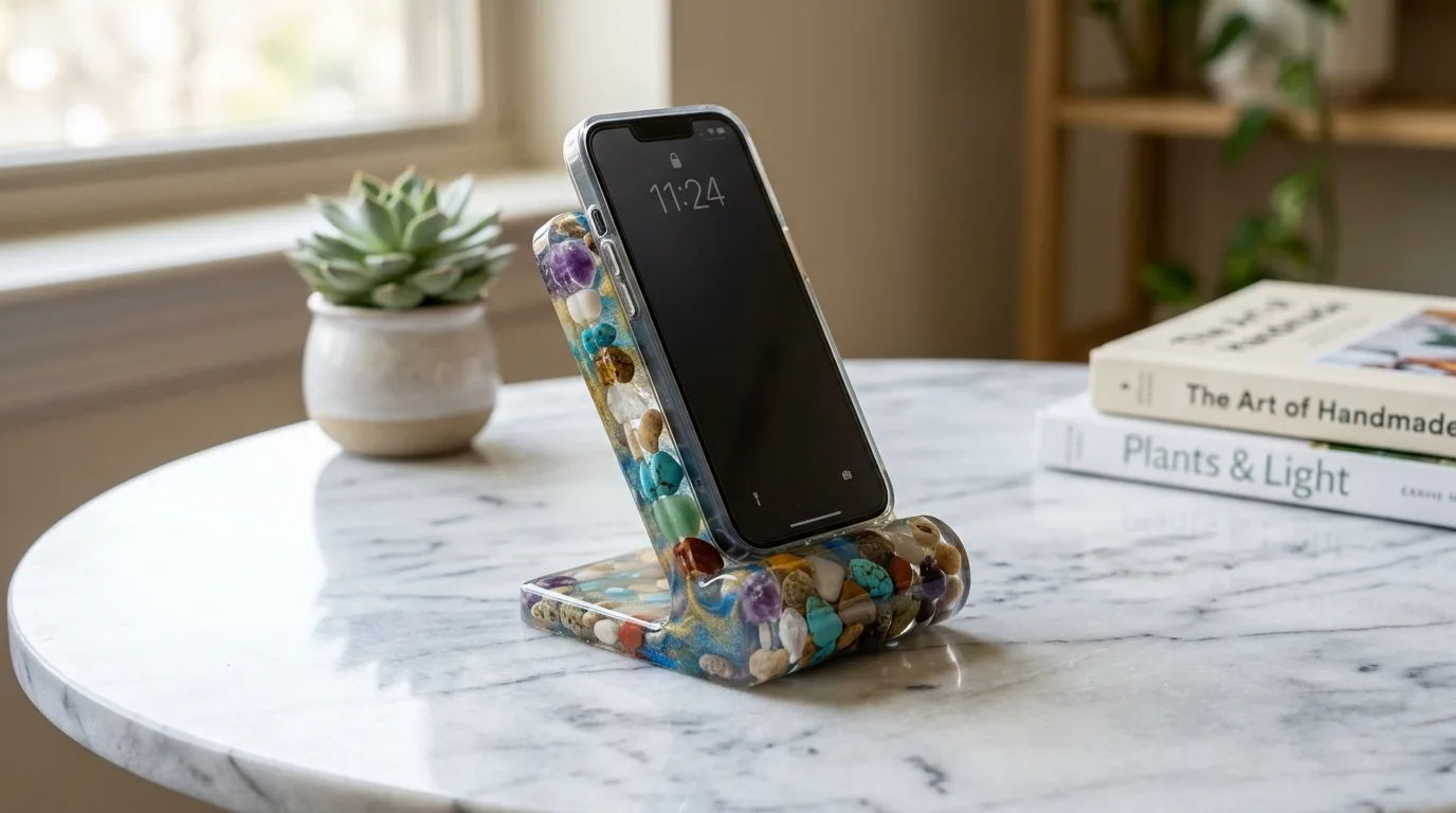 A sculptural DIY phone stand made from concrete and wood, no people