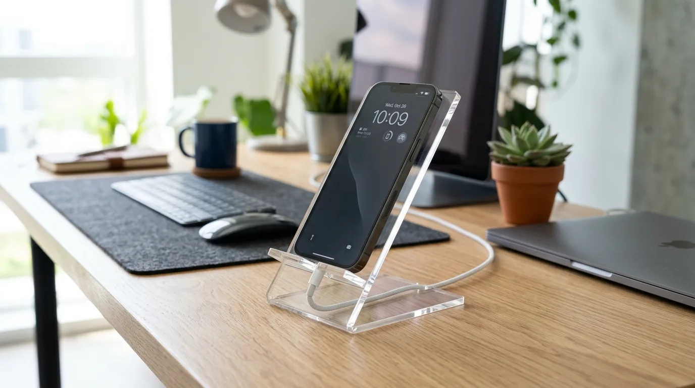 A playful painted DIY phone stand with bold color blocking, no people