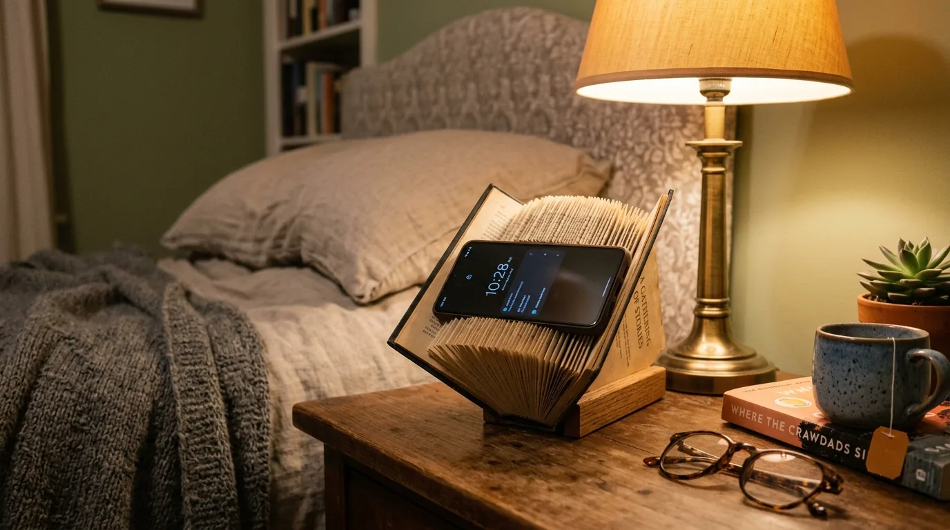A DIY office phone stand with a business card slot and weighted base, no people