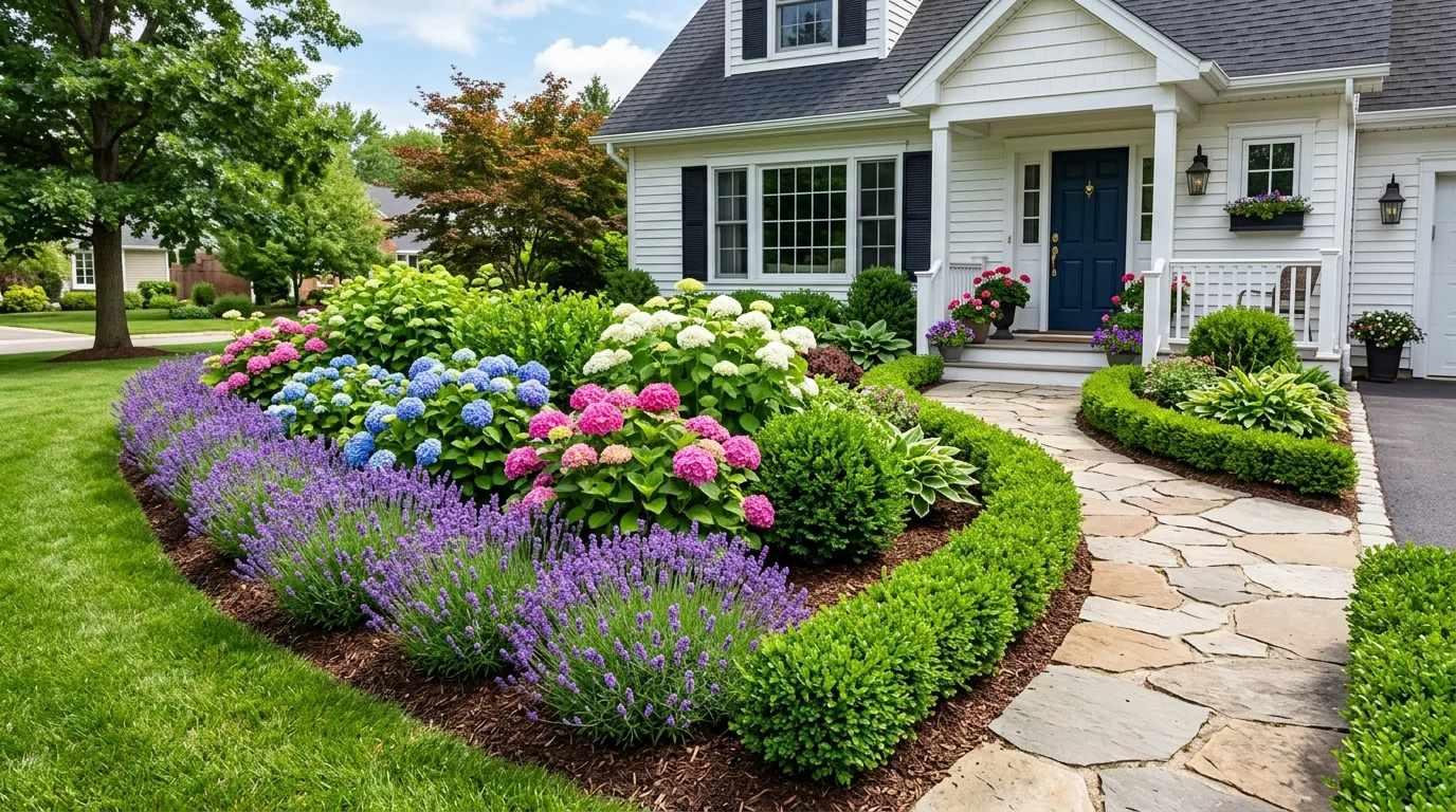 A welcoming front house garden bed with layered shrubs flowers and clean edging, no people