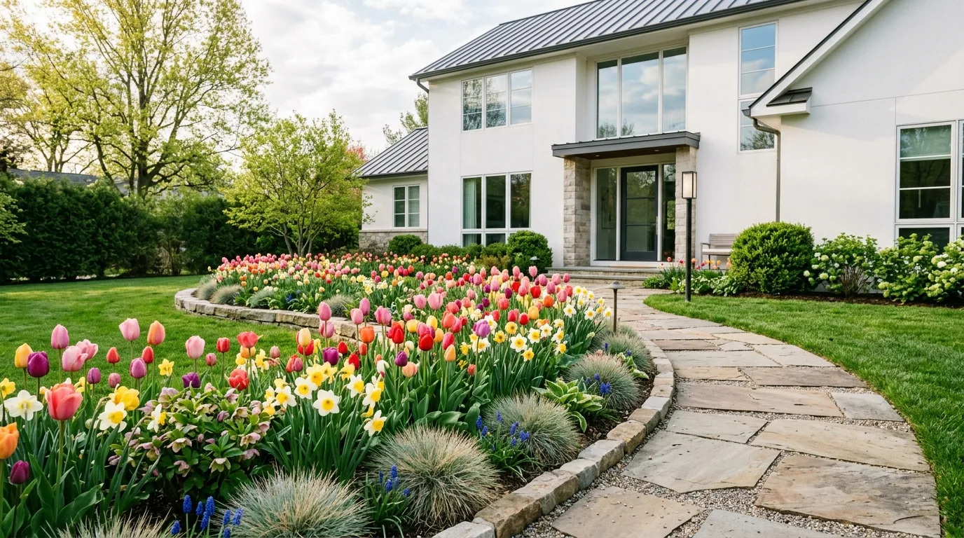 A cottage style front garden bed with clipped structure and drifting blooms, no people