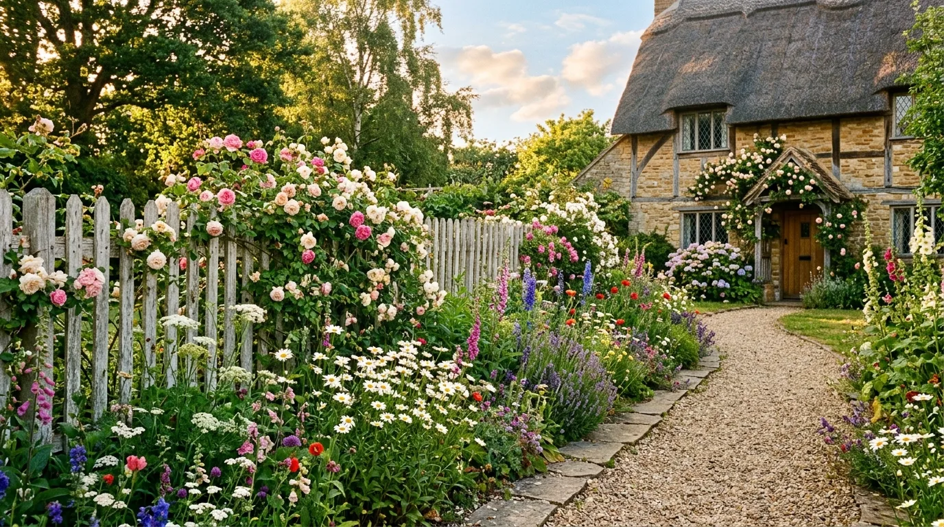 Symmetrical front garden beds framing a centered walkway, no people
