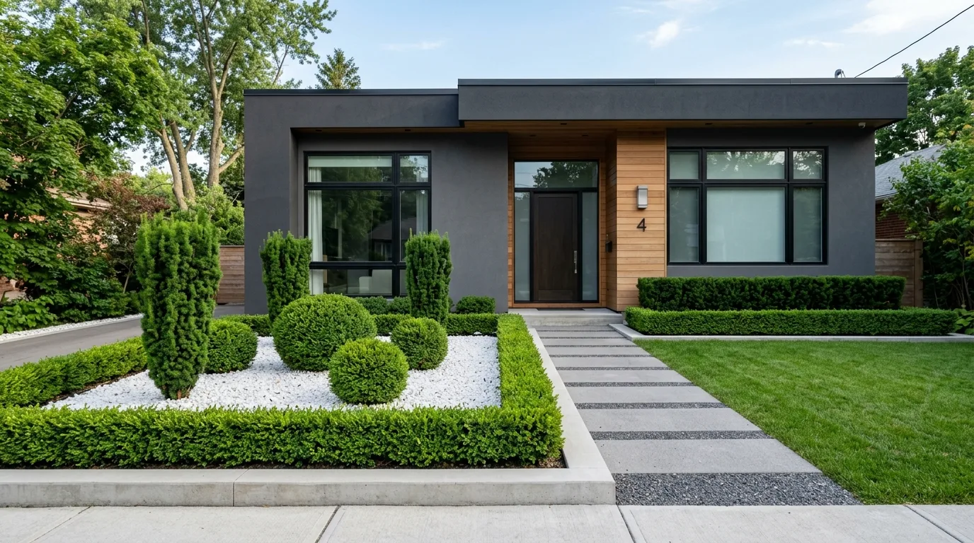 A low maintenance front house garden bed with ornamental grasses and mulch, no people