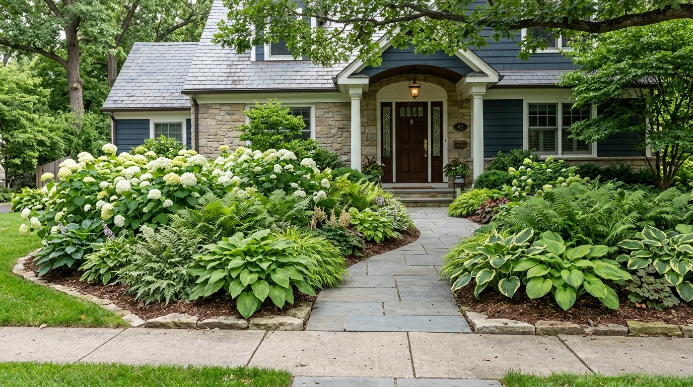 A seasonal front garden bed with spring bulbs and summer perennials, no people