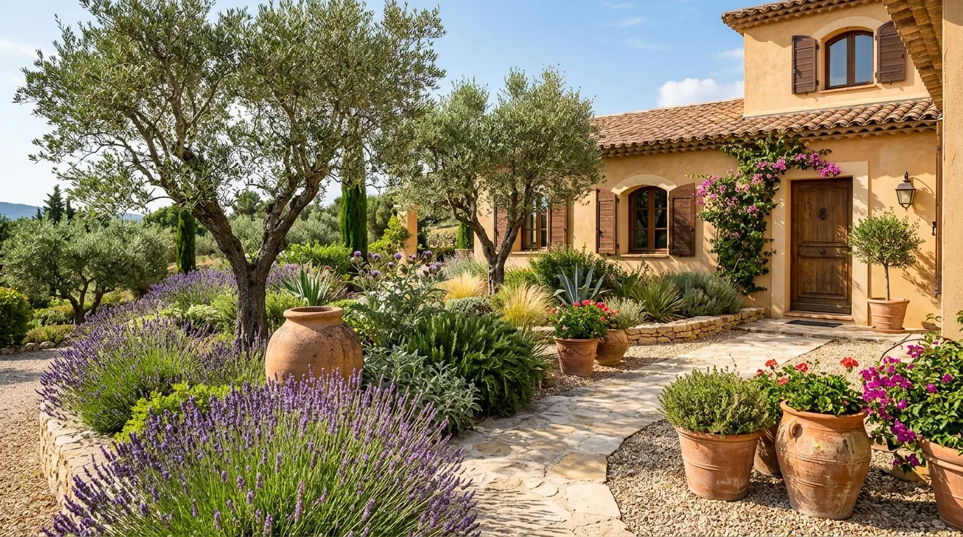 A narrow front entry garden bed with white flowers and boxwood, no people
