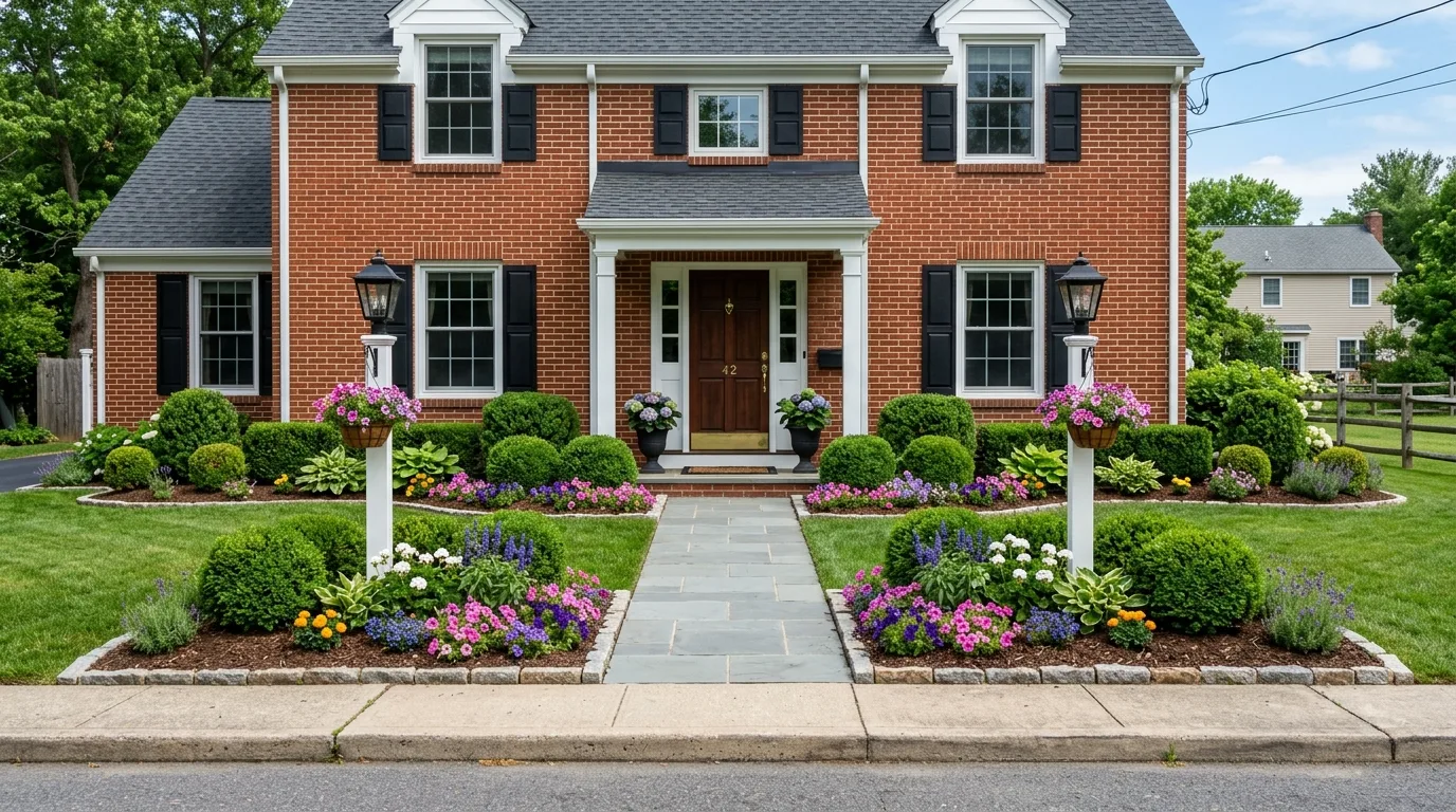 A stone bordered front house garden bed with evergreens and roses, no people