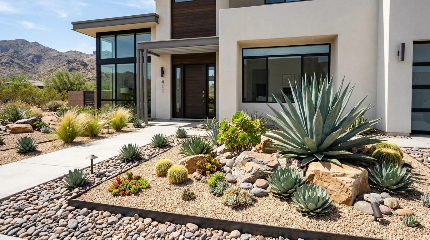 A modern front garden bed with repeated mounds and restrained color, no people