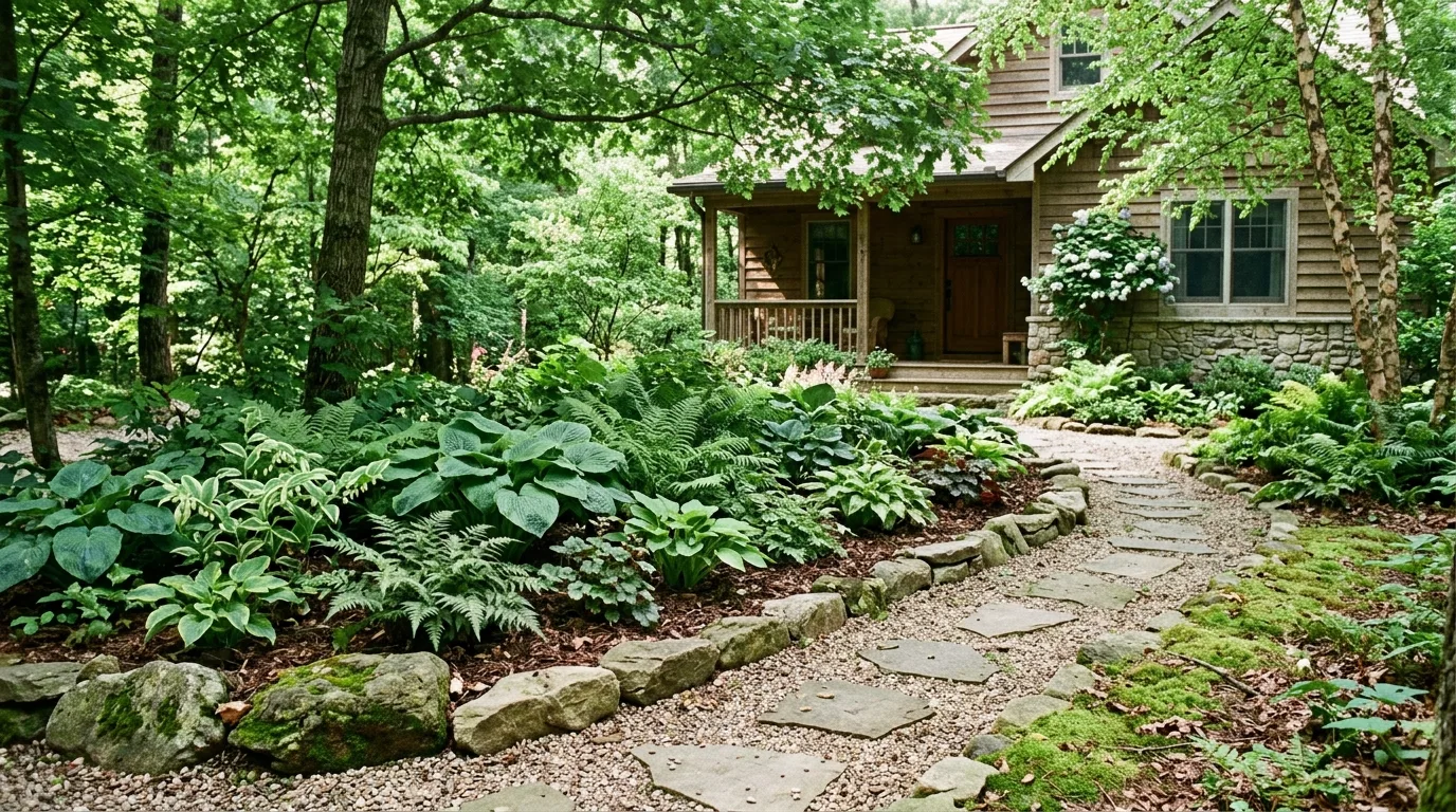 A front corner garden bed anchored by a small ornamental tree, no people