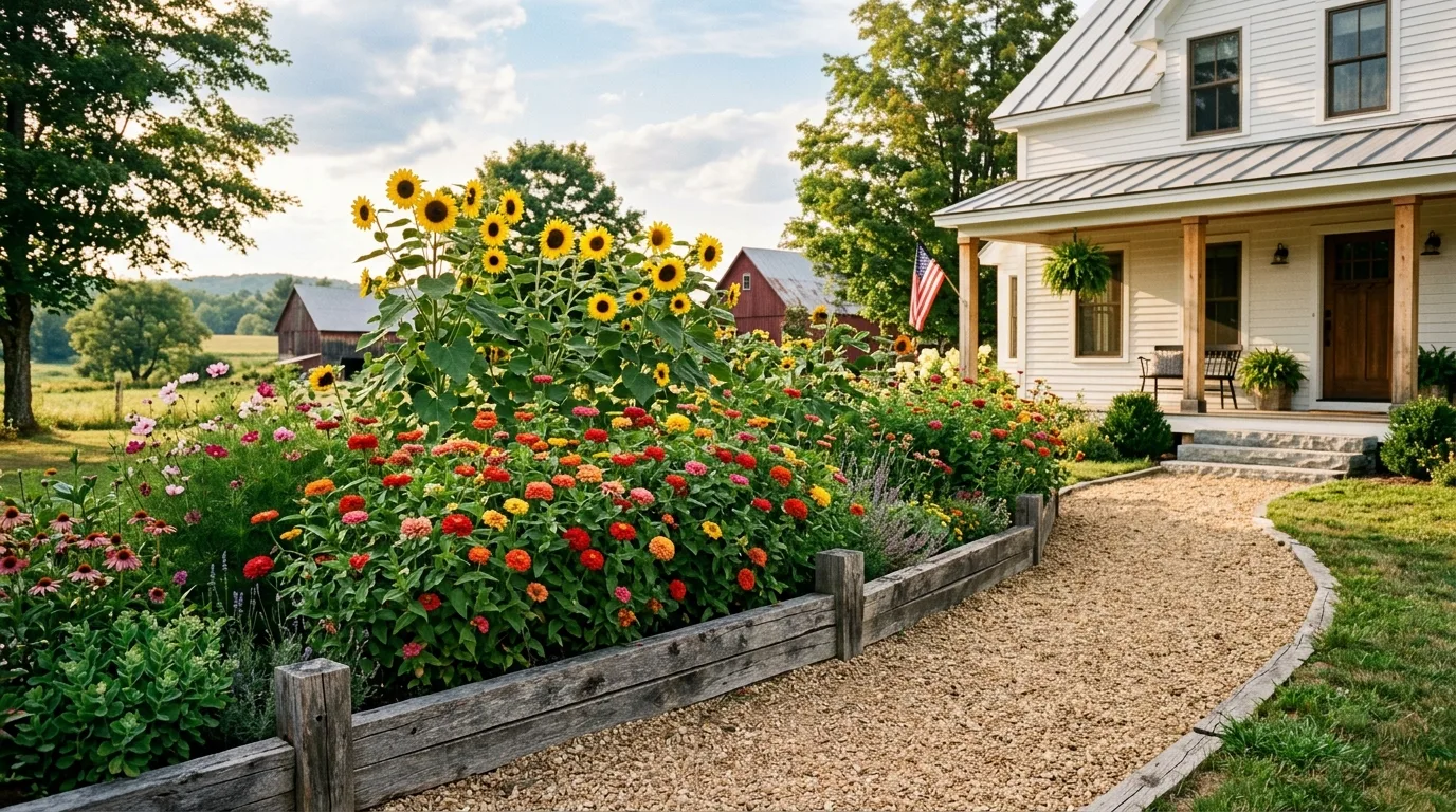 A brick house front garden bed with lavender and clipped hedging, no people