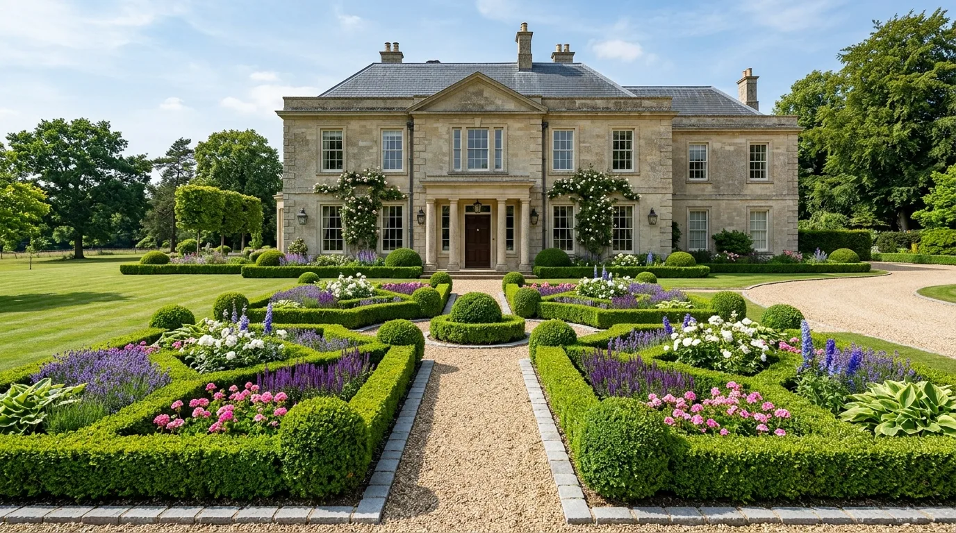 A curved front house garden bed softening a straight driveway edge, no people