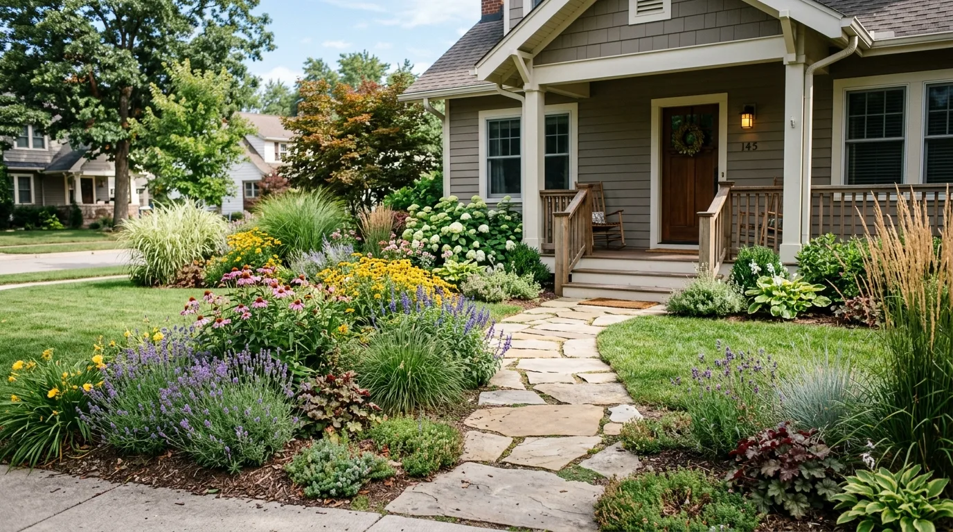 A welcoming front garden bed leading from the mailbox toward the porch, no people
