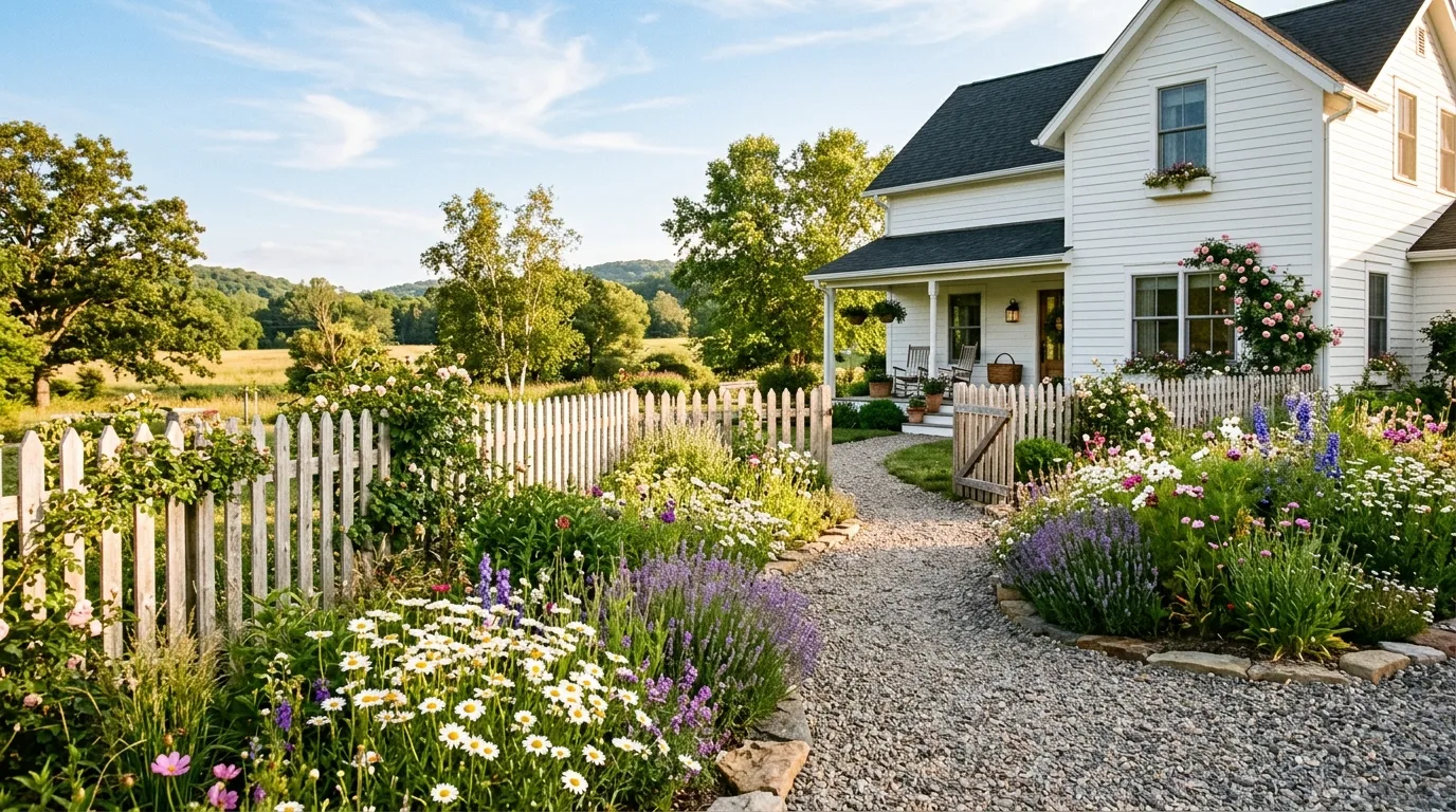 A charming farmhouse front yard with gravel path and soft planting beds, no people