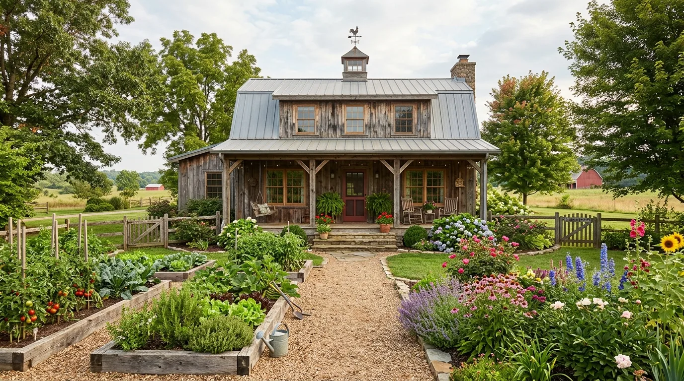 A rustic farmhouse front yard with a split rail fence and wildflower planting, no people