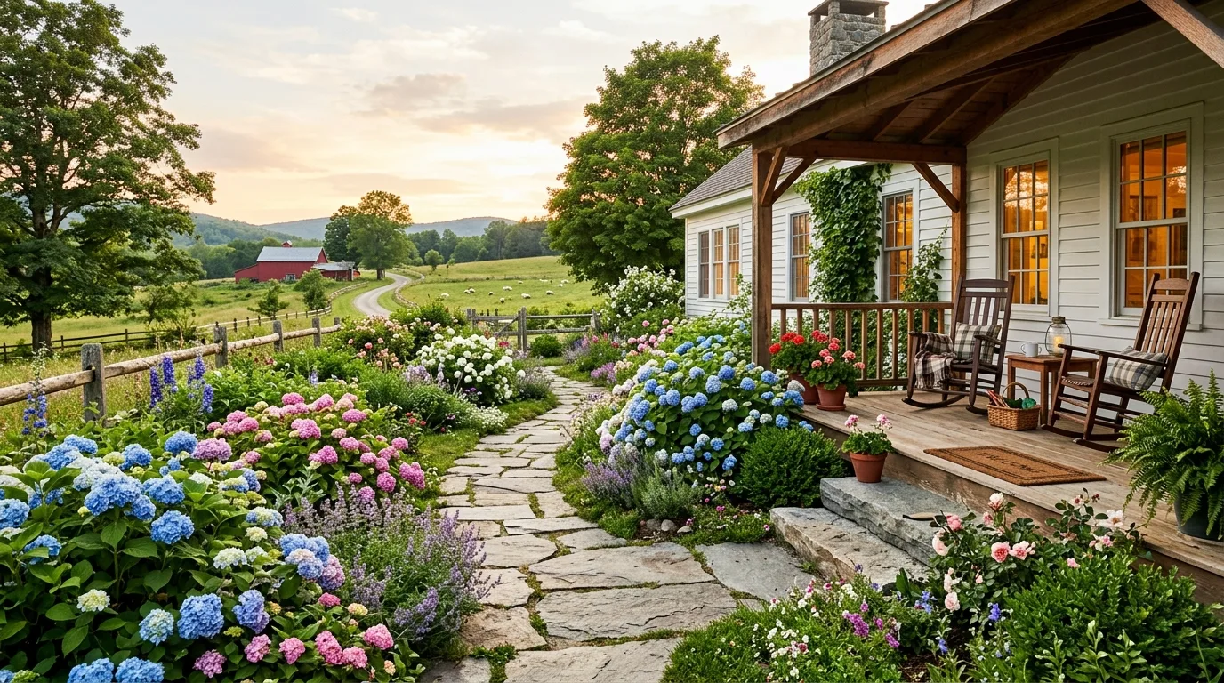 A farmhouse front porch landscape with hydrangeas boxwood and weathered planters, no people