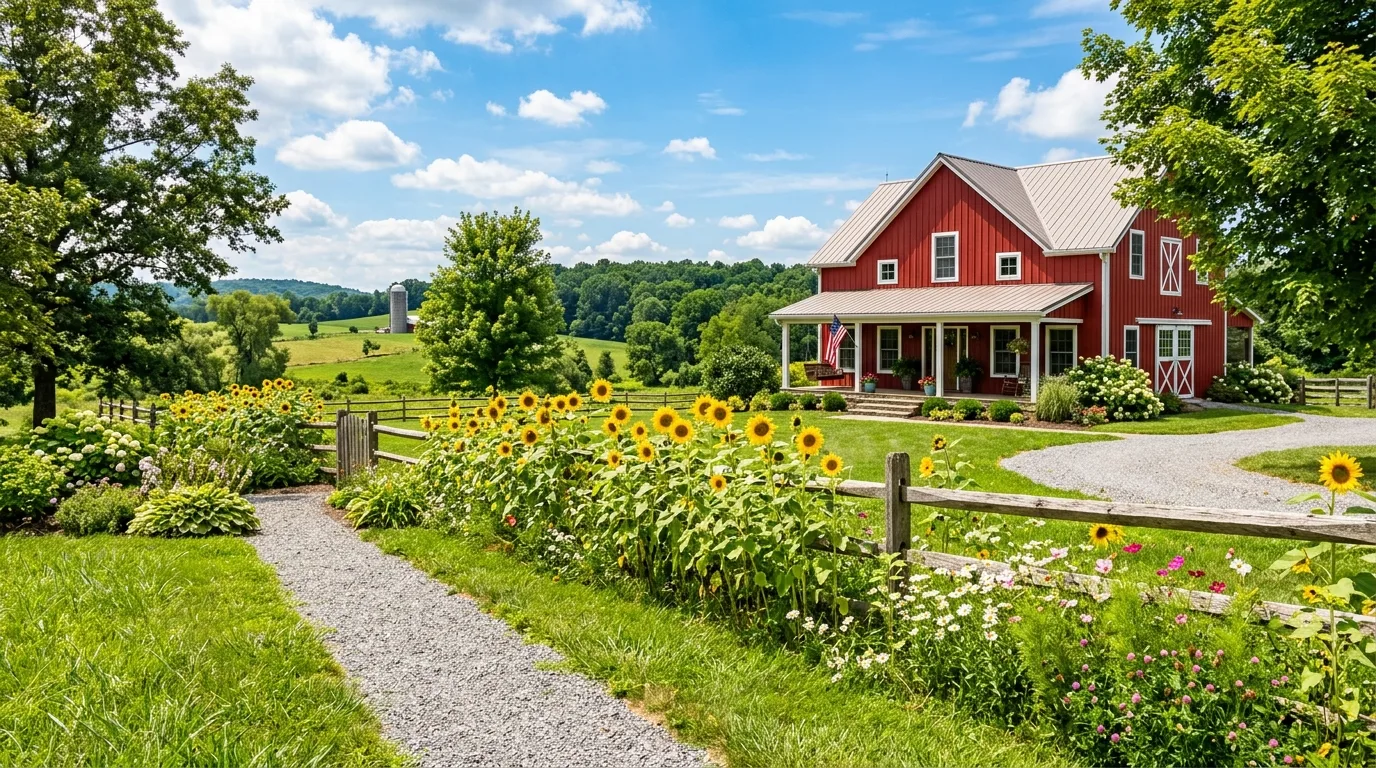 A farmhouse front yard path lined with lavender and clipped shrubs, no people