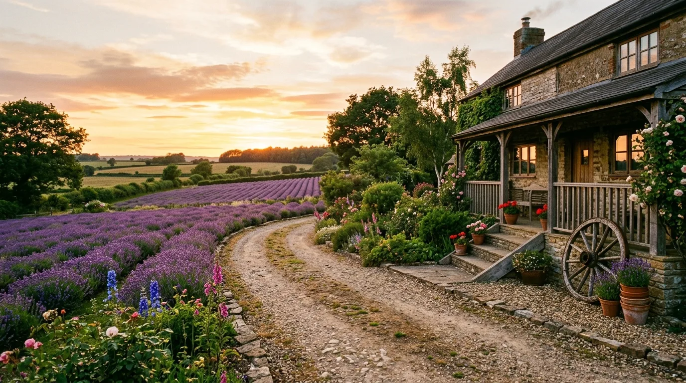 A barn inspired farmhouse front yard with grasses and stone edging, no people