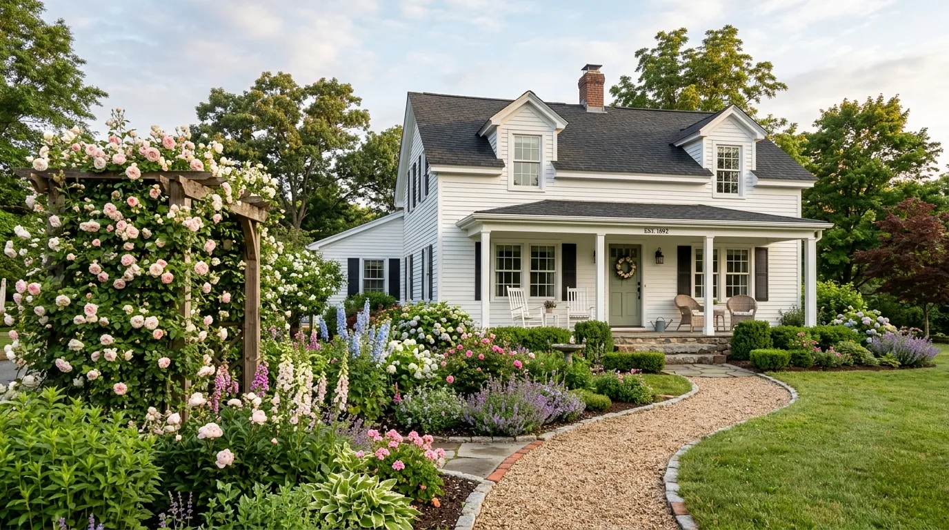 A farmhouse front entry garden bed with roses salvias and muted greenery, no people