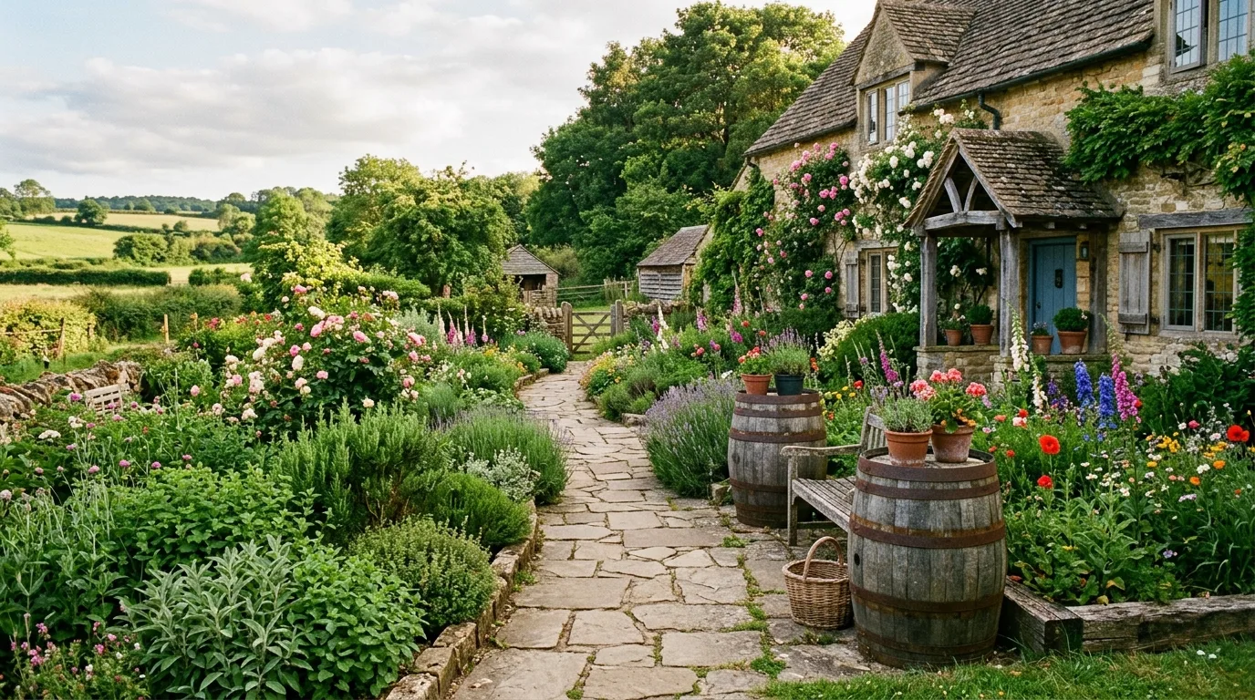 A wide farmhouse front yard with island beds and a rustic mailbox post, no people