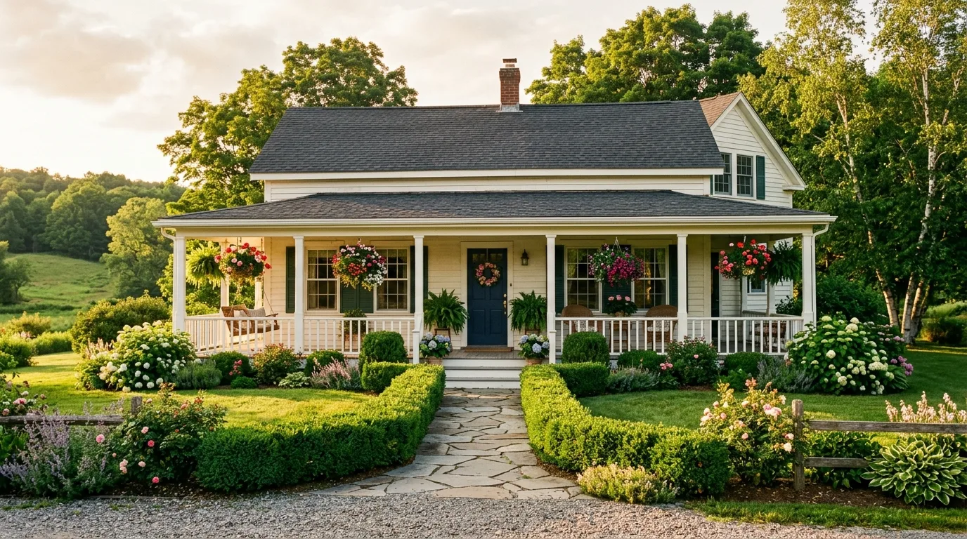 A porch centered farmhouse front yard with layered pots and clipped hedges, no people