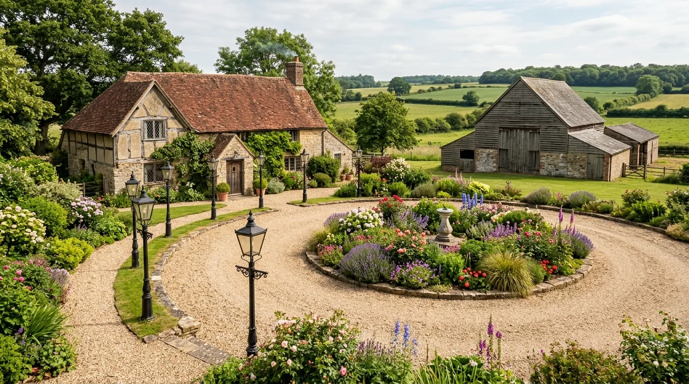 A farmhouse driveway edge landscape with daisies catmint and cottage texture, no people