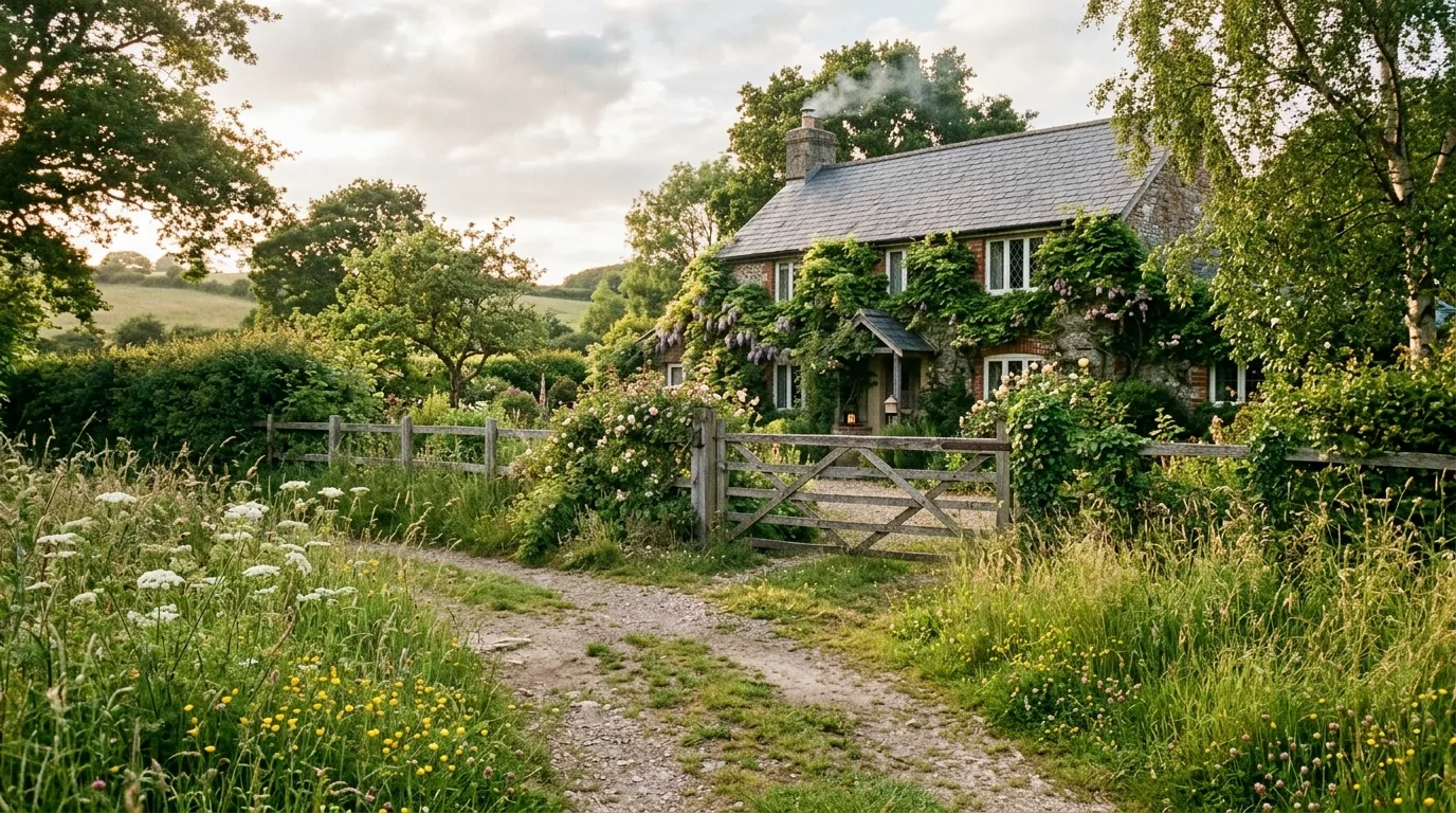 A farmhouse front yard with a small tree and symmetrical side beds, no people