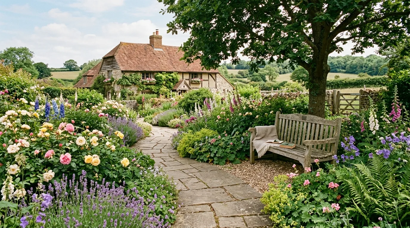 A rustic farmhouse front yard with a stone path herbs and bloom clusters, no people