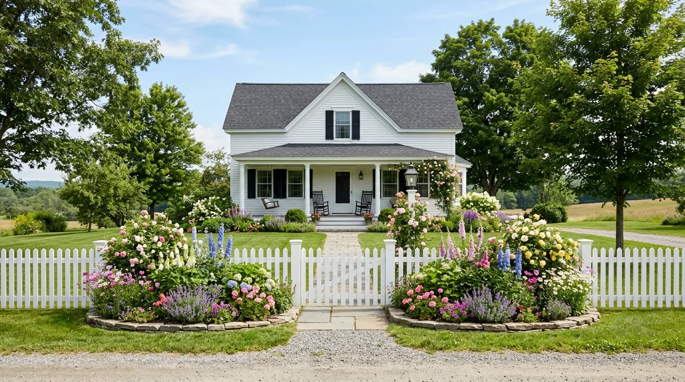 A farmhouse front yard with a white fence layered green mounds and soft flowers, no people