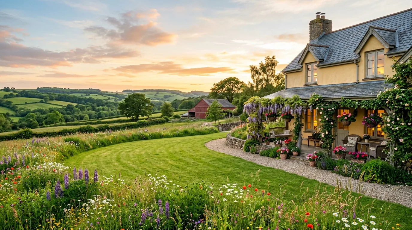 An old fashioned farmhouse front yard with peonies shrubs and a gravel circle, no people