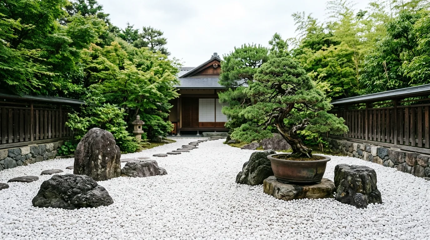 A serene white pebble front garden with clipped green spheres, no people