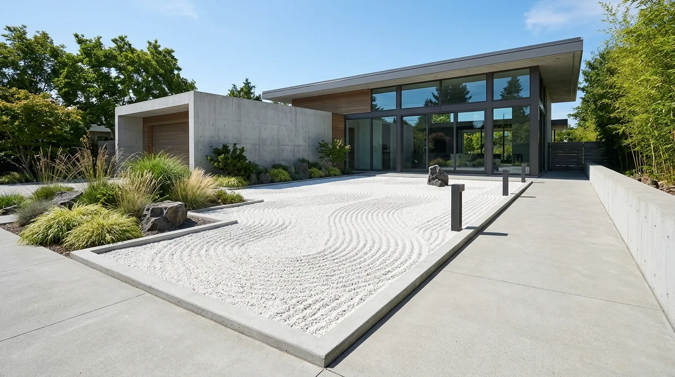 A white pebble courtyard garden with agave and concrete edging, no people