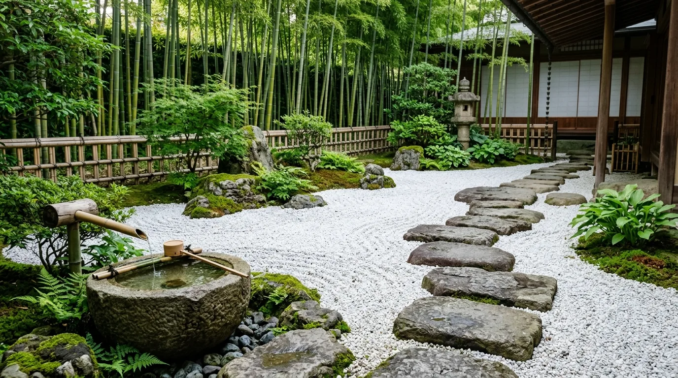 A zen inspired side yard with white pebbles and stepping stones, no people